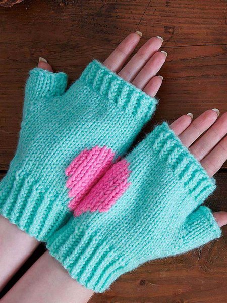 

Wool Crochet Heart Pattern Gloves Valentine's Day Christmas New Year Gift Accessories, Cyan, Women Gloves