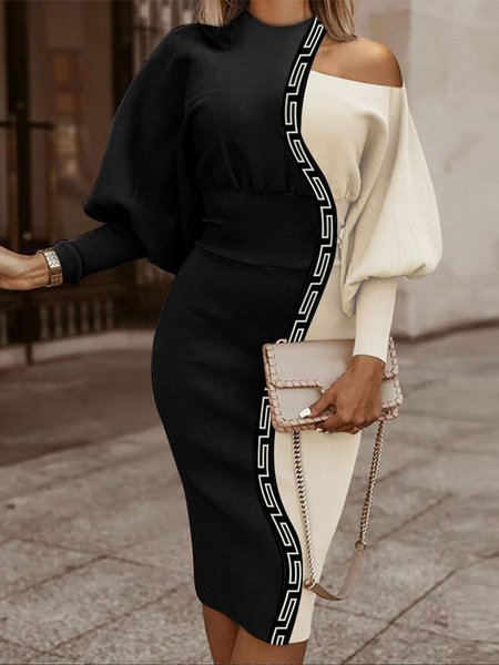 

Urban Cold Shoulder Color Block Long Sleeve Dress, Black, Midi Dresses