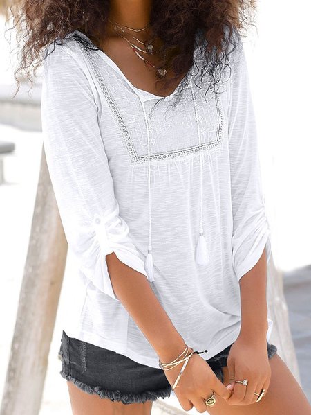 

V Neck Plain Regular Fit Casual Top, White, Tops
