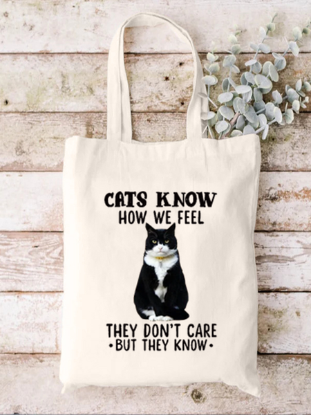 Cats Know How We Feel Animal Graphic Casual Shopping Tote Bag, White, Bags