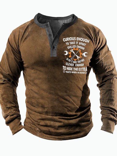 

Men's Curious Enough To Take It Apart Skilled Enough To Put It Back Together Funny Graphic Print Casual Text Letters Regular Fit Half Turtleneck Top, Khaki, Long Sleeves