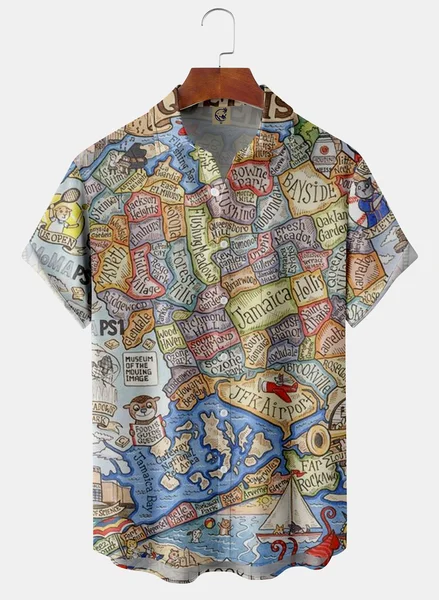 

Queens Map Chest Pocket Short Sleeve Casual Shirt, Blue, Men Shirts