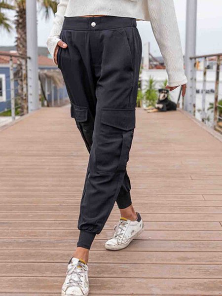 

Wool/Knitting Casual Buttoned Plain Sweatpants, Black, Pants