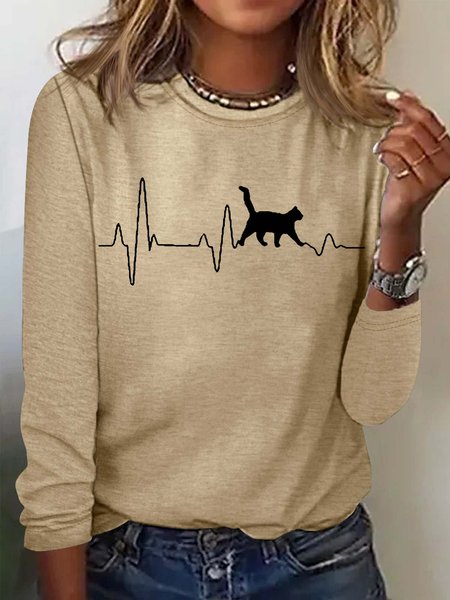 

Women's Funny Cat Heartbeat Lifeline Letters Print Casual Crew Neck Top, Apricot, Long sleeves