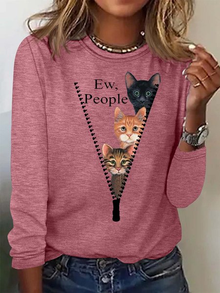

Women's Ew People Cat Casual Print Top, Rose red, Long sleeves