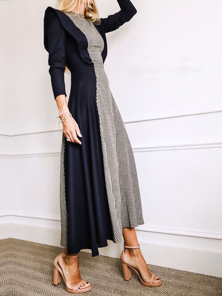 

High Elasticity Regular Fit Crew Neck Long sleeve Elegant Long Dress, As picture, Maxi Dresses