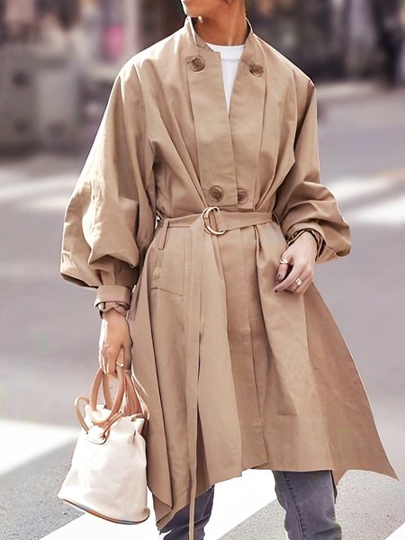 

Plain Casual Stand Collar Trench Coat, Khaki, Coats