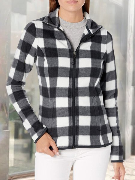 

Cross Neck Plaid Casual Teddy Jacket, Black, Outerwear