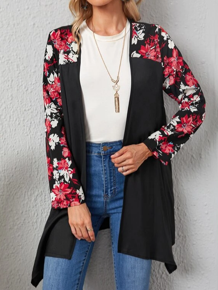 

Casual Floral Wrap Loose Other Coat, Black, Cardigans