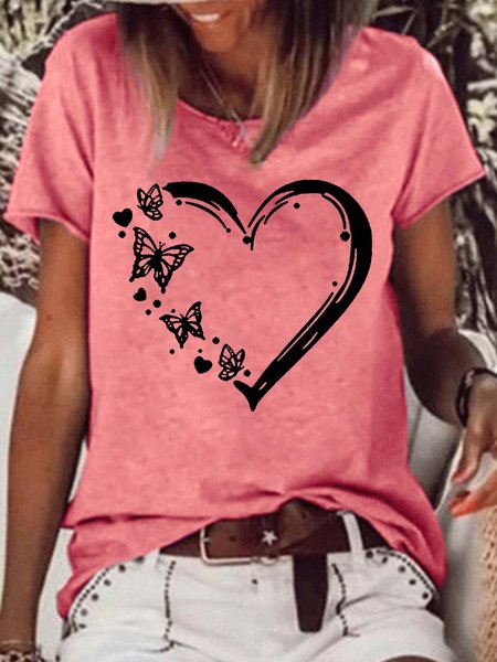 

Women's Butterfly Heart Crew Neck Casual T-Shirt, Red, T-shirts