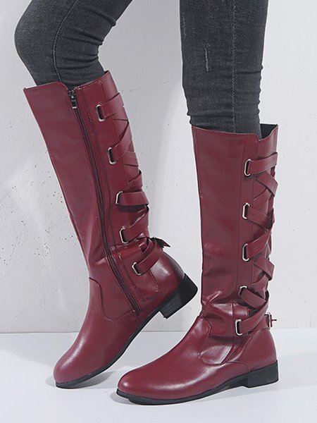 

Vintage Buckle High Block Heel Rider Boots, Wine red, Boots