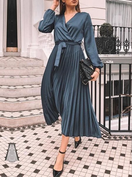 

Pleated Regular Fit V Neck Elegant Satin Dress, As picture, Midi Dresses