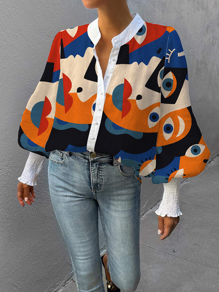 

Abstract Urban Loose Long sleeve Stand Collar Blouse, As picture, Blouses and Shirts