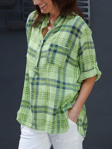 

Stand Collar Casual Plaid Blouse, Green, Tops