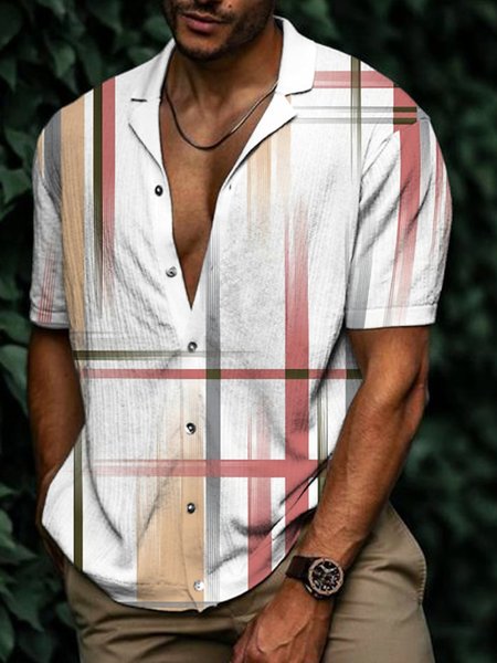 

Striped Short Sleeve Camp Shirt, White, Men Shirts