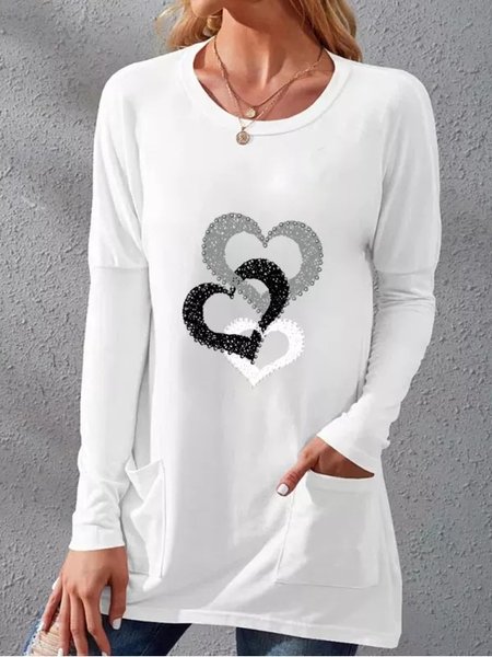 

Casual Loose Crew Neck Valentine's Day T-Shirt, White, Tunics