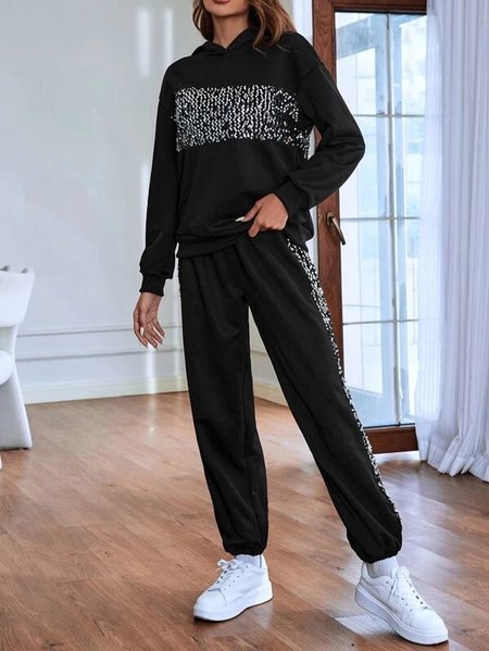 

Loose Hoodie Glitter Casual Two-Piece Set, Black, Suit Set