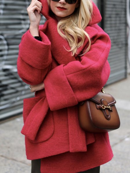 

Urban Lapel Collar Plain Long Sleeve Loosen Overcoat, Red, Coats