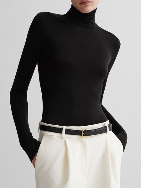 

Urban Plain Simple Turtleneck Long Sleeve T-Shirt, Black, Tees