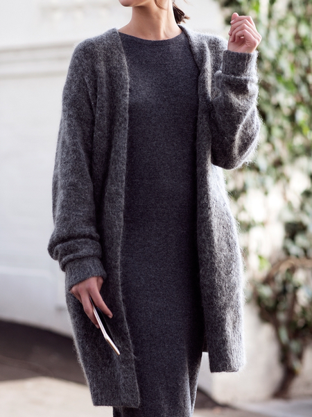 

High Elasticity Loose V Neck Long sleeve Urban Plain Sweater Mid-long Coat, Deep gray, Cardigans