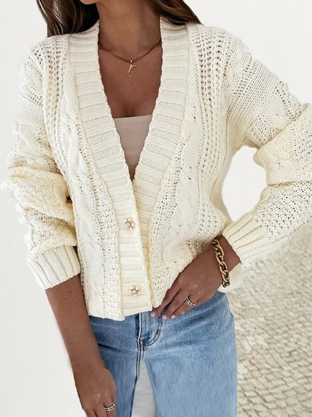

Plain Casual Yarn/Wool Yarn Sweater, Beige, Sweaters