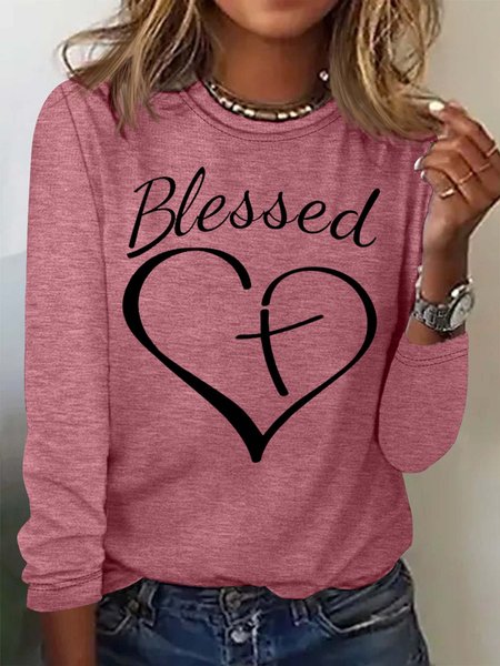 

Women's Christian Blessed Heart Print Crew Neck Casual Letters Top, Rose red, Long sleeves