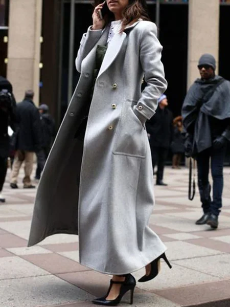 

Lapel Collar Plain Loose Urban Overcoat, Gray, Coats