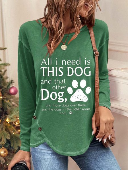 Jersey Crew Neck Casual Sentence T-Shirt, Green, Long Sleeves