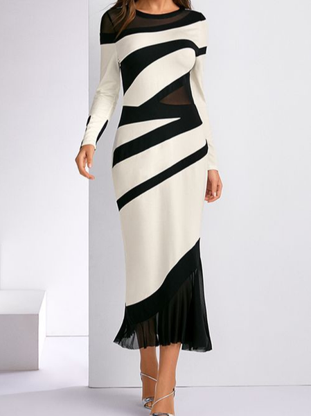 

Crew Neck Regular Fit Elegant Dress, Black-white, Maxi Dresses