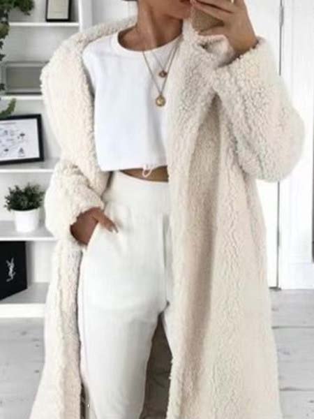 

Casual Fluff/Granular Fleece Fabric Shawl Collar Plain Overcoat, White, Coats