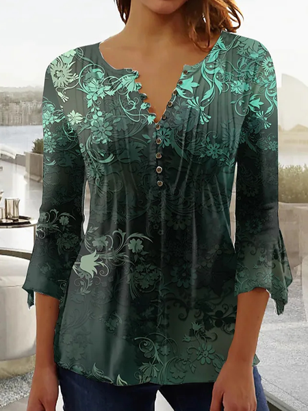 

V Neck Casual Loose Ethnic Top, Green, Tops