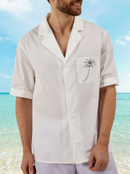 

Coconut Tree Chest Pocket Short Sleeve Camp Shirt, White, Men Shirts