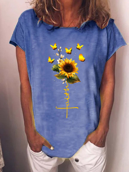 

Women‘s Faith Cotton-Blend Simple Crew Neck Sunflower T-Shirt, Blue, T-shirts