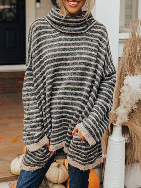 

Casual Turtleneck Striped Acrylic Sweater, Deep gray, Tops