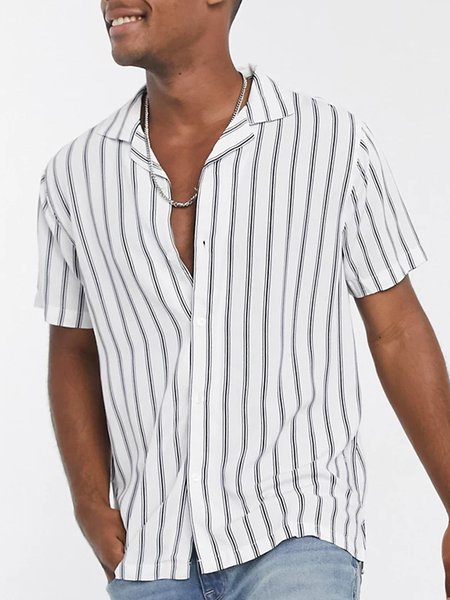 

Striped Short Sleeve Camp Shirt, White, Men Shirts