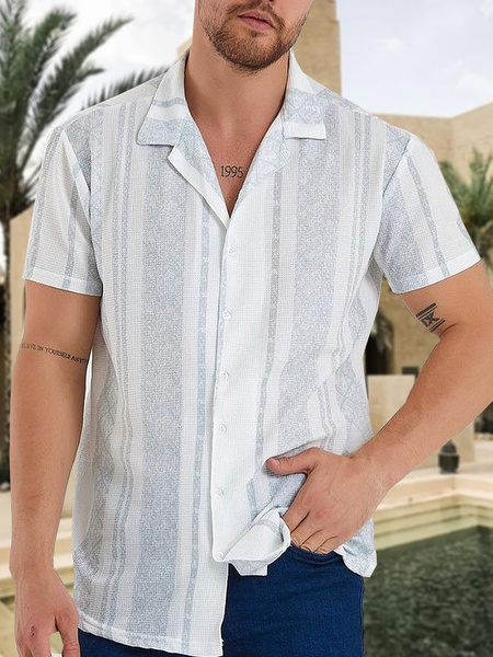

Striped Short Sleeve Camp Shirt, White, Men Shirts