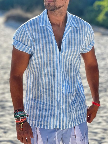 

Striped Short Sleeve Casual Shirt, Blue, Men Shirts