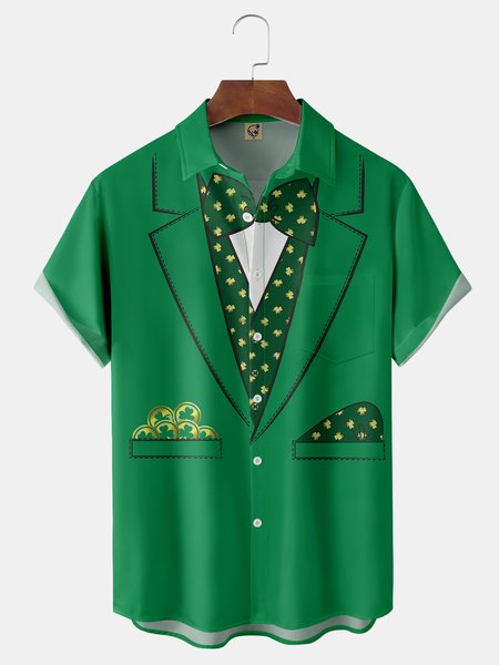 St. Patrick's Day Chest Pocket Short Sleeve Shirt, Green, Men Shirts