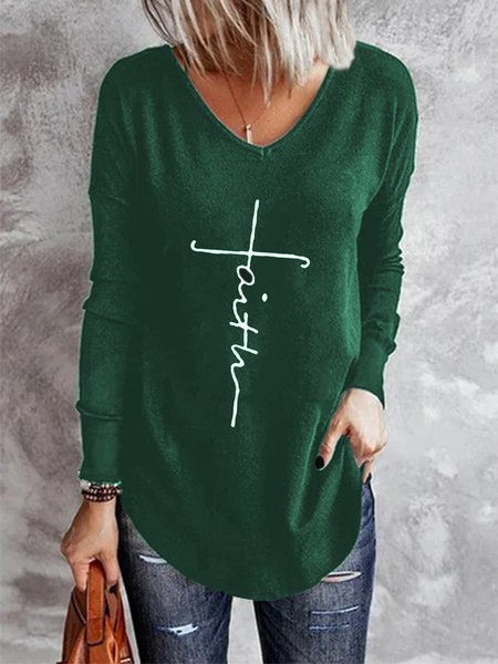 

Faith Letter Printed Long Sleeve V Neck Casual Top, Green, Shirts & Blouses