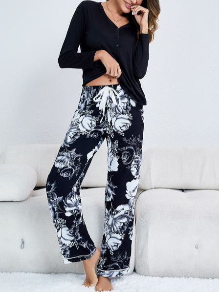 

V Neck Casual Loose Floral Two-Piece Set, Black, Suit Set