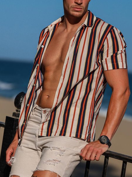 

Striped Short Sleeve Casual Shirt, Red, Men Shirts