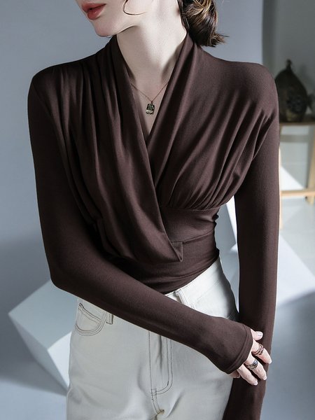 

V Neck Elegant Ruched Plain T-Shirt, Coffee, Tees