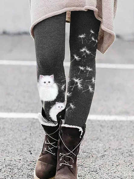 Dandelion Cat Casual Tight Leggings, Gray, Leggings
