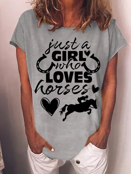 

Women's Funny Just a Girl Who Loves Horses Cotton-Blend Crew Neck Casual T-Shirt, Gray, T-shirts