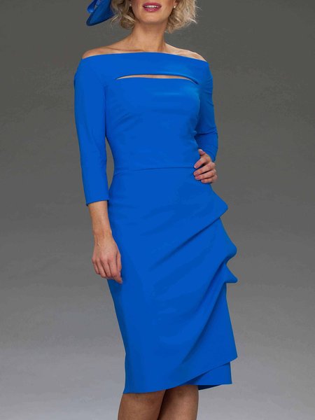 

Regular Fit Elegant Plain Boat Neck Dress, Blue, Midi Dresses