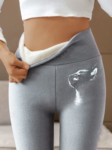 

Casual Fluff/Granular Fleece Lined Cat High Waist Athletic Tummy Control Stretch Workout Leggings, Gray, leggings