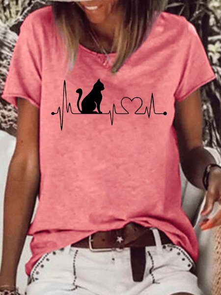 

Women's Casual Cat Heart Beat T-Shirt, Red, T-shirts