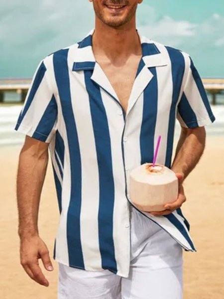 

Striped Short Sleeve Camp Shirt, Blue, Men Shirts