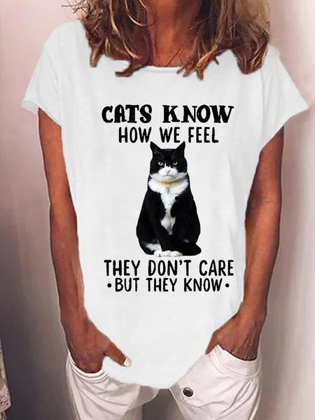 

Women's Funny Cat Cotton-Blend Loose Casual T-Shirt, White, T-shirts