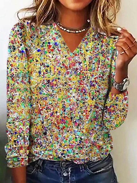 

Loose V Neck Casual Abstract T-Shirt, Multicolor, T-Shirts